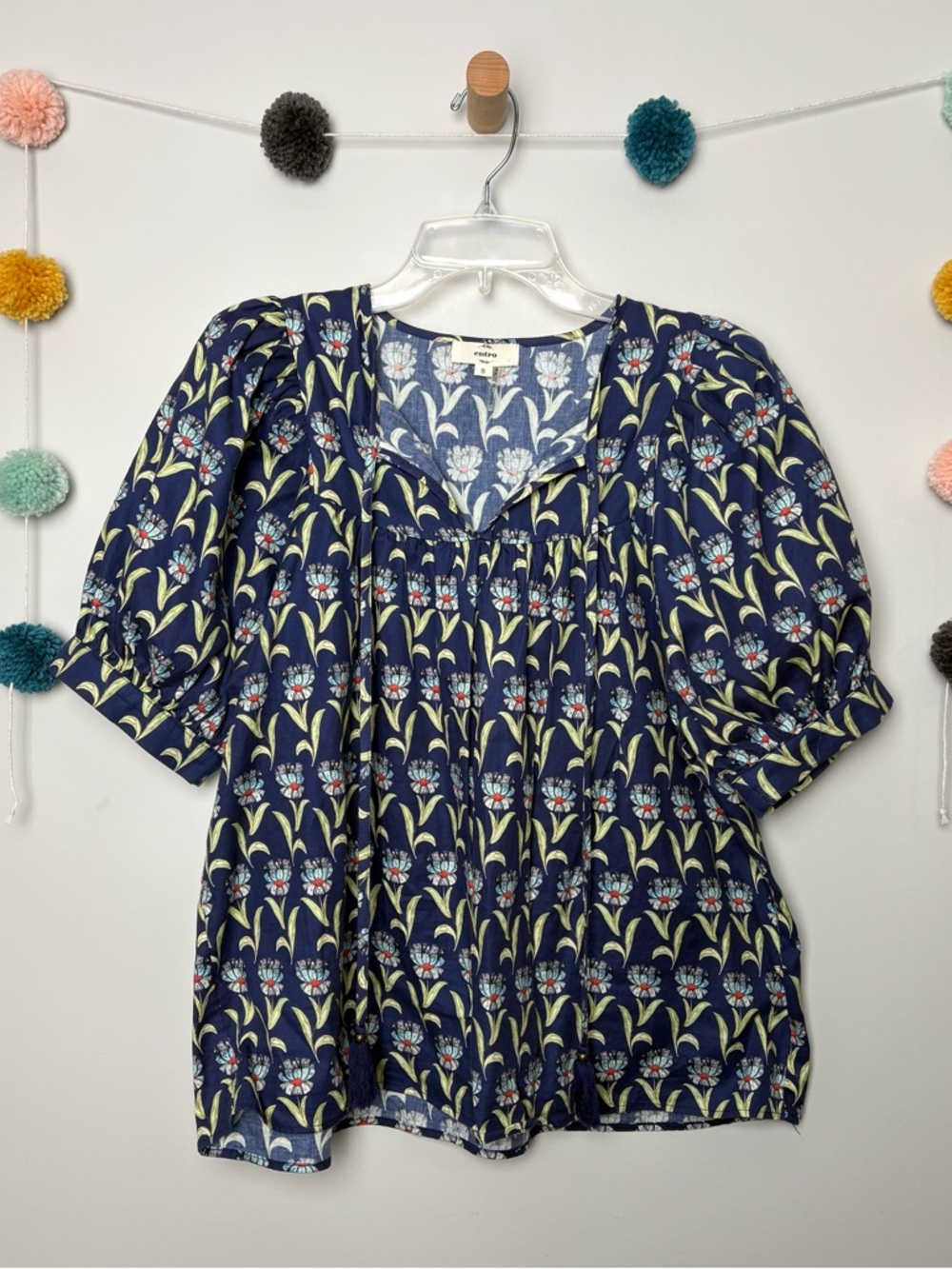 Entro Navy Floral Print Tassel Trim Top
